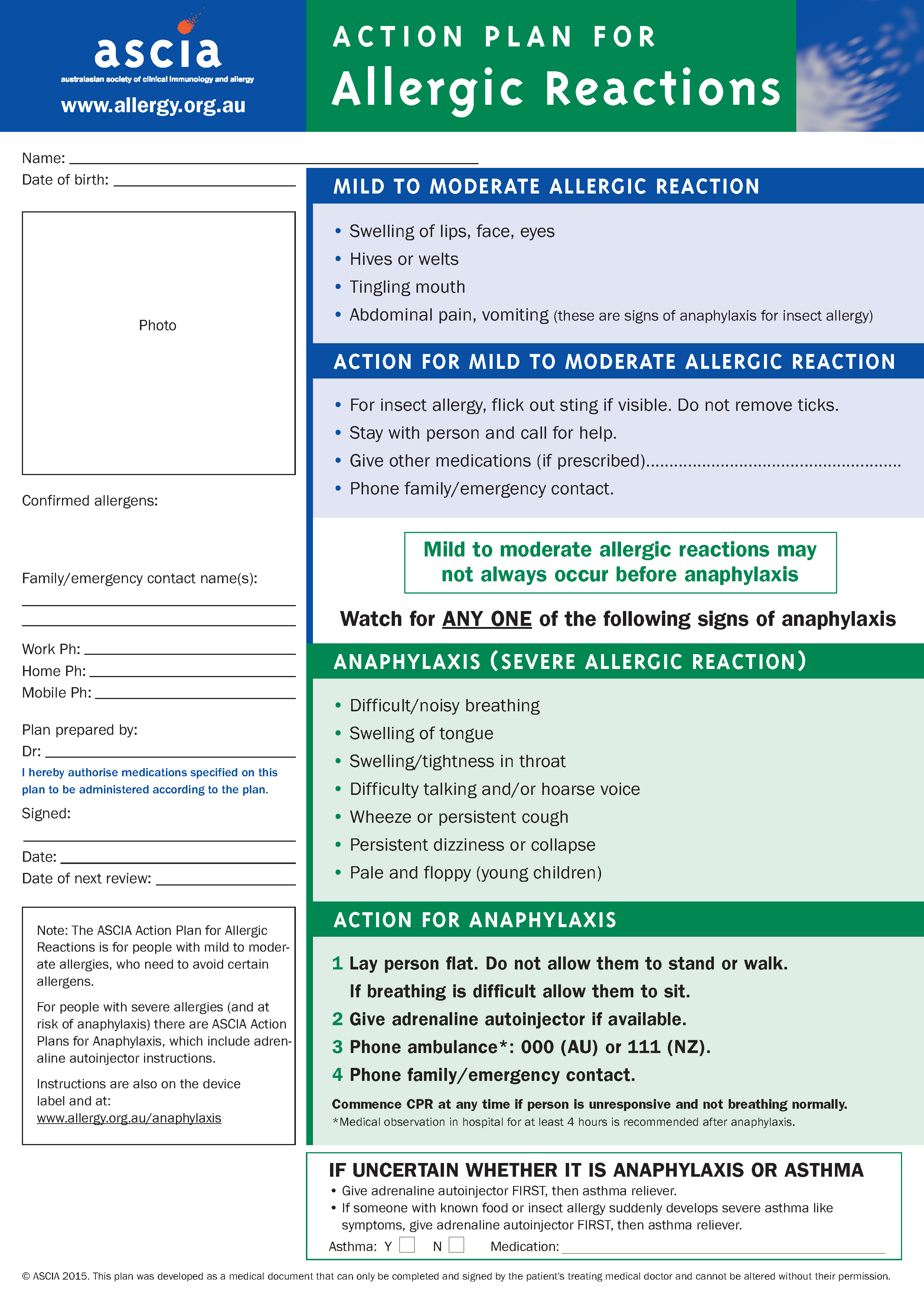 Asthma And Anaphylaxis Action Plan Catch Training